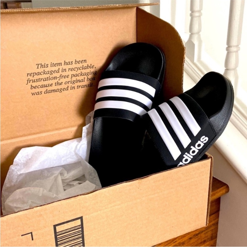 NIB Adidas Black and White Striped Slides - Picture 2 of 8